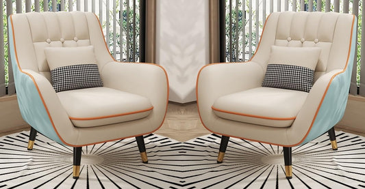 LSFH Unique Design True Innovations Nordic Light Accent Chair, Armchair with Solid Sagwan Wooden Frame for Small Apartments, Living Room or Bedroom (Set of 2 Chairs, Beige & Sky Blue)