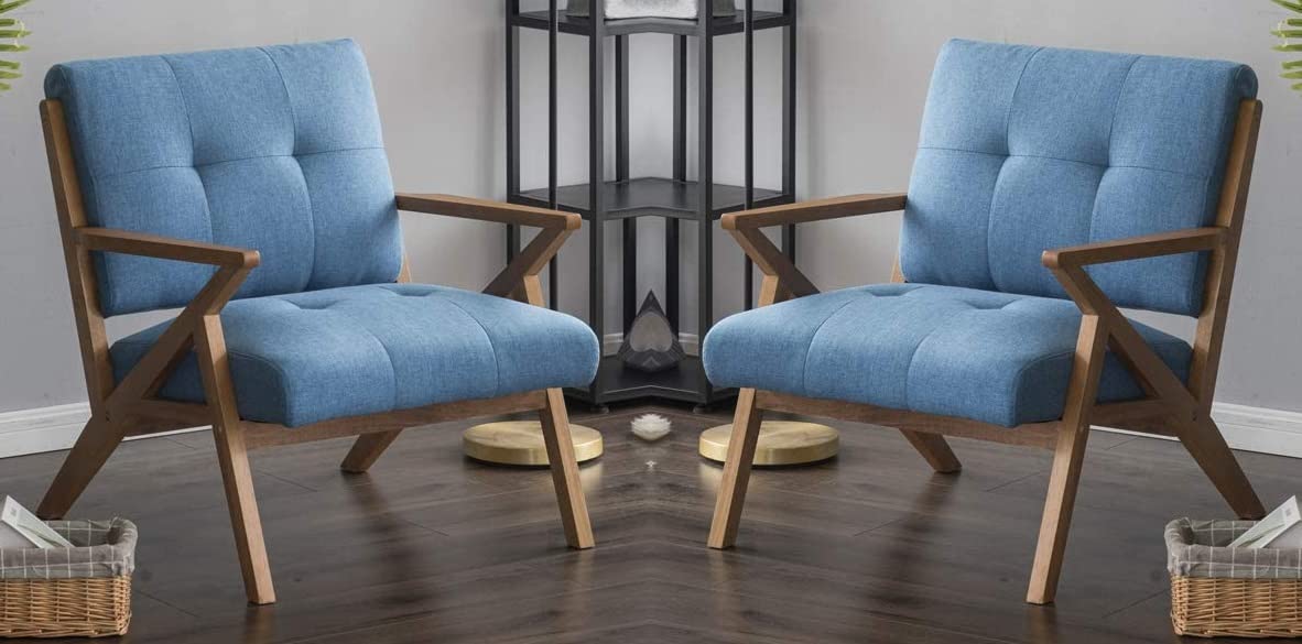 LSFH Unique Design True Innovations Modern Tufted Accent Chair Armchair with Solid Sagwan Wooden Frame Single Sofa Chair for Small Apartments, Living Room or Bedroom (Set of 2 Chairs, Blue)