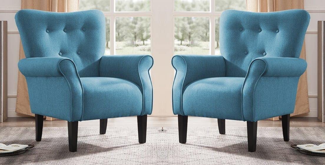 LSFH Unique Design Versatile Button Tufted Fabric Accent Chair Armchair with Solid Sagwan Wooden Frame Single Sofa Chair for Small Apartments, Living Room or Bedroom (Set of 2 Chairs, Blue)