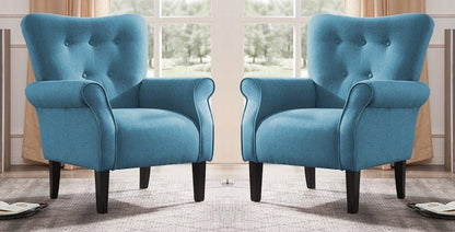 LSFH Unique Design Versatile Button Tufted Fabric Accent Chair Armchair with Solid Sagwan Wooden Frame Single Sofa Chair for Small Apartments, Living Room or Bedroom (Set of 2 Chairs, Blue)