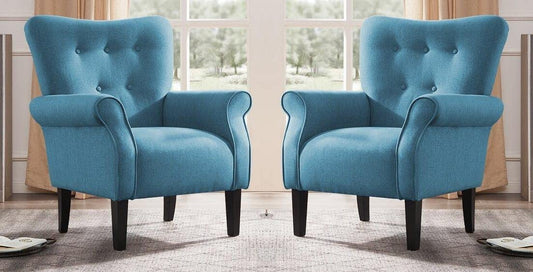 LSFH Unique Design Versatile Button Tufted Fabric Accent Chair Armchair with Solid Sagwan Wooden Frame Single Sofa Chair for Small Apartments, Living Room or Bedroom (Set of 2 Chairs, Blue)