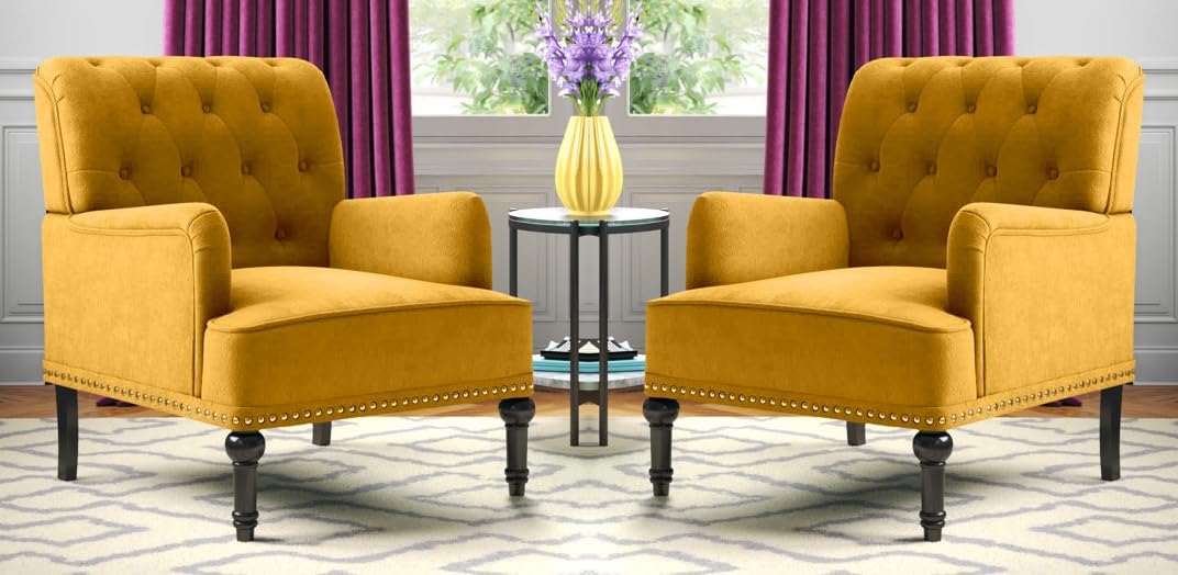 LSFH Unique Design True Innovations Jakuz Accent Chair, Armchair with Solid Sagwan Wooden Frame Single Sofa Chair for Small Apartments, Living Room or Bedroom (Set of 2 Chairs, Yellow)