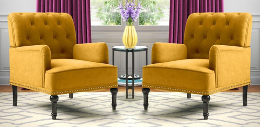 LSFH Unique Design True Innovations Jakuz Accent Chair, Armchair with Solid Sagwan Wooden Frame Single Sofa Chair for Small Apartments, Living Room or Bedroom (Set of 2 Chairs, Yellow)