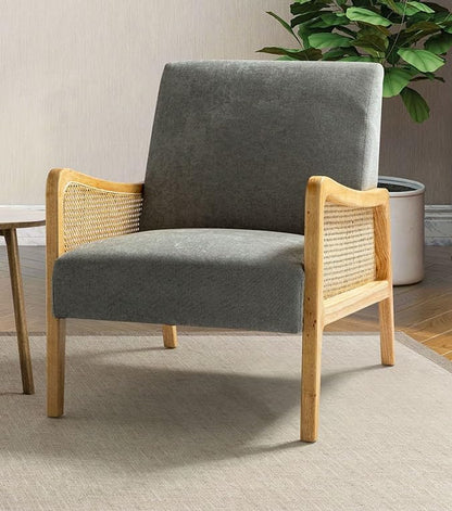 LSFH Unique Design Fabric Upholstered Rattan Cane Accent Chair, Armchair with Solid Sagwan Wooden Frame Single Sofa Chair for Small Apartments, Living Room or Bedroom (1 Chair, Grey)