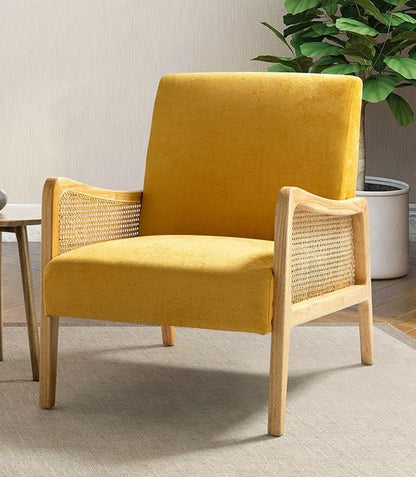 LSFH Unique Design Fabric Upholstered Rattan Cane Accent Chair, Armchair with Solid Sagwan Wooden Frame Single Sofa Chair for Small Apartments, Living Room or Bedroom (Set of 2 Chairs, Yellow)