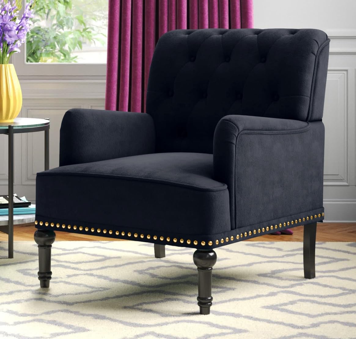 LSFH Unique Design True Innovations Jakuz Accent Chair, Armchair with Solid Sagwan Wooden Frame Single Sofa Chair for Small Apartments, Living Room or Bedroom (Set of 2 Chairs, Black)