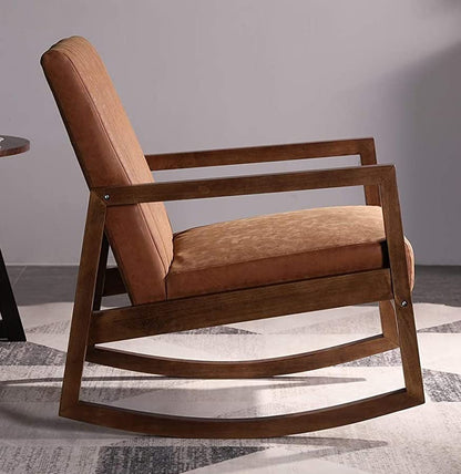 LSFH Unique Design Rocking Chair Leatherette Accent Chair Armchair with Solid Sagwan Wooden Frame Single Sofa Chair for Small Apartments, Living Room or Bedroom (1 Chair, Brown)