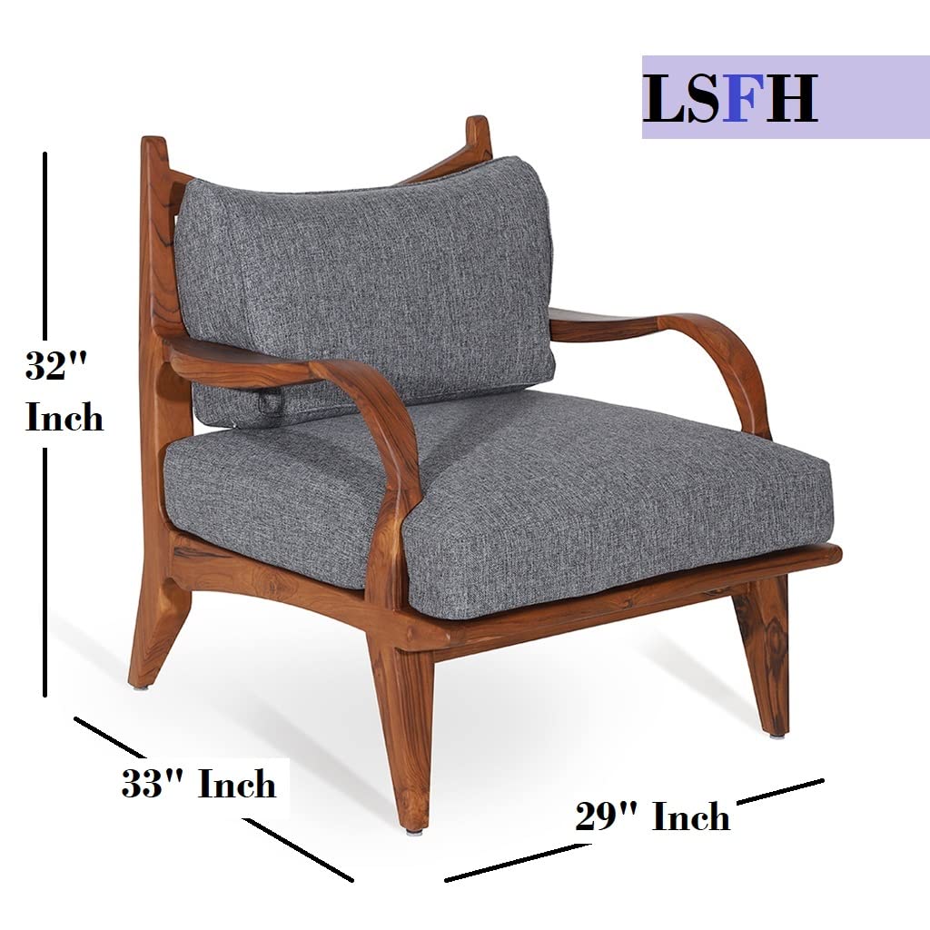 LSFH Unique Design Araax Organic Shape Fabric Accent Chair Armchair with Solid Sagwan Wooden Frame Single Sofa Chair for Small Apartments, Living Room or Bedroom (Set of 2 Chairs, Grey)