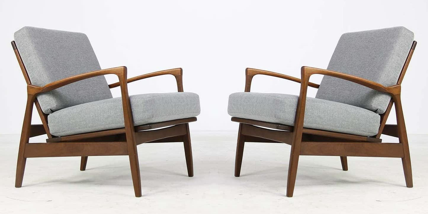 LSFH Unique Design 1960s Organic Shape Fabric Accent Chair Armchair with Solid Sagwan Wooden Frame Single Sofa Chair for Small Apartments, Living Room or Bedroom (Set of 2 Chairs, Light Grey)