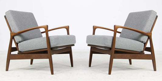 LSFH Unique Design 1960s Organic Shape Fabric Accent Chair Armchair with Solid Sagwan Wooden Frame Single Sofa Chair for Small Apartments, Living Room or Bedroom (Set of 2 Chairs, Light Grey)