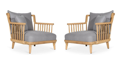 LSFH Unique Design Legaz Organic Shape Fabric Accent Chair Armchair with Solid Sagwan Wooden Frame Single Sofa Chair for Small Apartments, Living Room or Bedroom (Set of 2 Chairs, Grey)