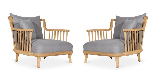 LSFH Unique Design Legaz Organic Shape Fabric Accent Chair Armchair with Solid Sagwan Wooden Frame Single Sofa Chair for Small Apartments, Living Room or Bedroom (Set of 2 Chairs, Grey)