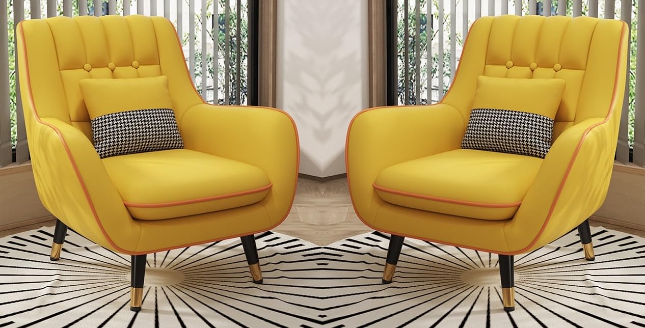 LSFH Unique Design True Innovations Nordic Light Accent Chair, Armchair with Solid Sagwan Wooden Frame for Small Apartments, Living Room or Bedroom (Set of 2 Chairs, Yellow)