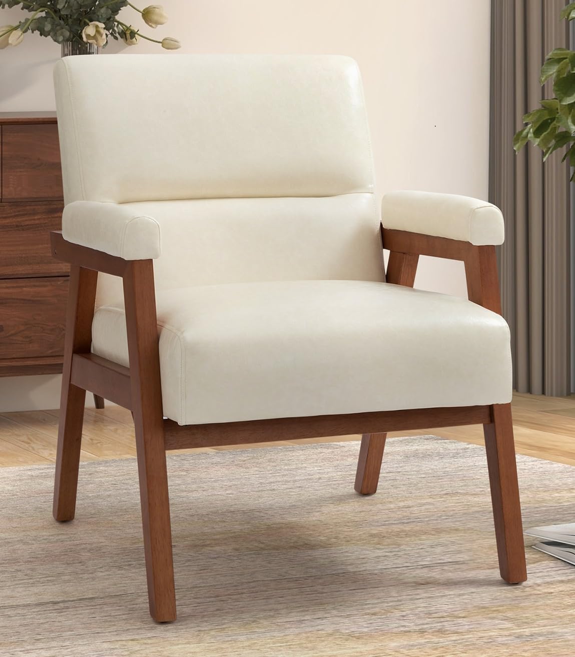 LSFH Unique Design True Innovations Mackenne Accent Chair, Ottoman Armchair with Solid Sagwan Wooden Frame Single Sofa Chair for Small Apartments, Living Room or Bedroom (1 Chair, Cream White)