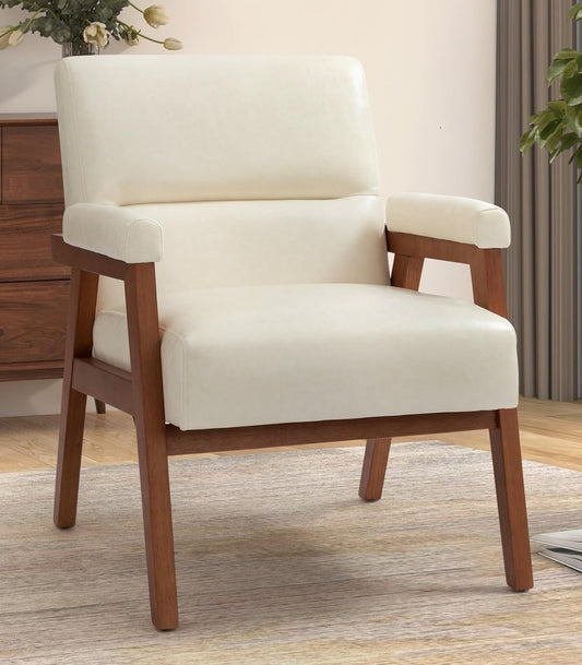 LSFH Unique Design True Innovations Mackenne Accent Chair, Ottoman Armchair with Solid Sagwan Wooden Frame Single Sofa Chair for Small Apartments, Living Room or Bedroom (1 Chair, Cream White)