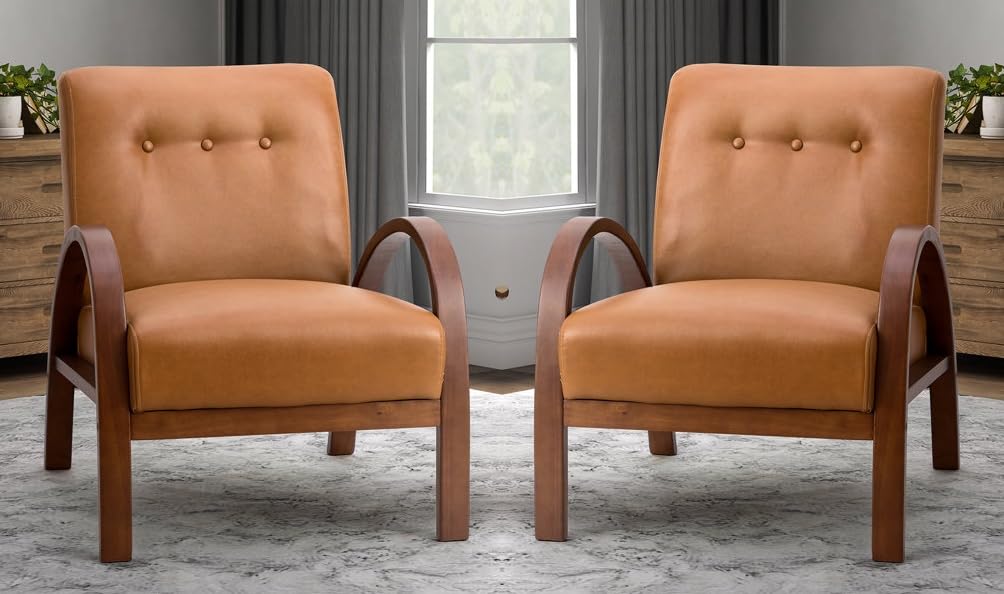 LSFH Unique Design True Innovations Vegaz Accent Chair, Ottoman Armchair with Solid Sagwan Wooden Frame Single Sofa Chair for Small Apartments, Living Room or Bedroom (Set of 2 Chairs, Brown)