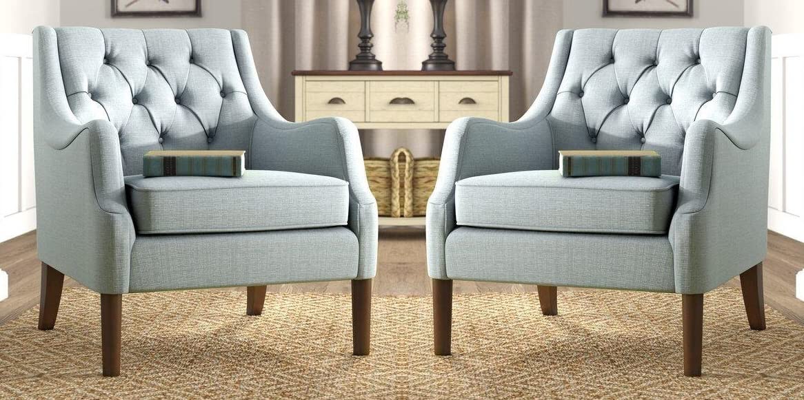 LSFH Unique Design Vinger Button Tufted Fabric Accent Chair Armchair with Solid Sagwan Wooden Frame Single Sofa Chair for Small Apartments, Living Room or Bedroom (Set of 2 Chairs, Light Blue)