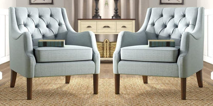 LSFH Unique Design Vinger Button Tufted Fabric Accent Chair Armchair with Solid Sagwan Wooden Frame Single Sofa Chair for Small Apartments, Living Room or Bedroom (Set of 2 Chairs, Light Blue)