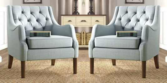 LSFH Unique Design Vinger Button Tufted Fabric Accent Chair Armchair with Solid Sagwan Wooden Frame Single Sofa Chair for Small Apartments, Living Room or Bedroom (Set of 2 Chairs, Light Blue)