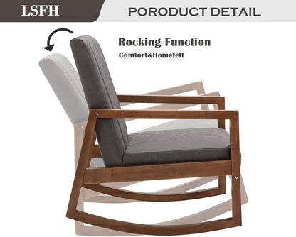 LSFH Unique Design Rocking Chair Leatherette Accent Chair Armchair with Solid Sagwan Wooden Frame Single Sofa Chair for Small Apartments, Living Room or Bedroom (1 Chair, Grey)