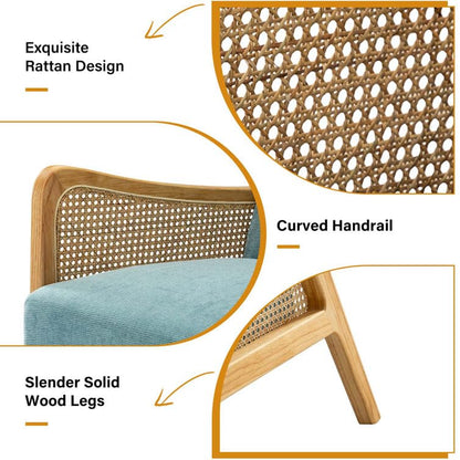 LSFH Unique Design Fabric Upholstered Rattan Cane Accent Chair, Armchair with Solid Sagwan Wooden Frame Single Sofa Chair for Small Apartments, Living Room or Bedroom (Set of 2 Chairs, Sky Blue)