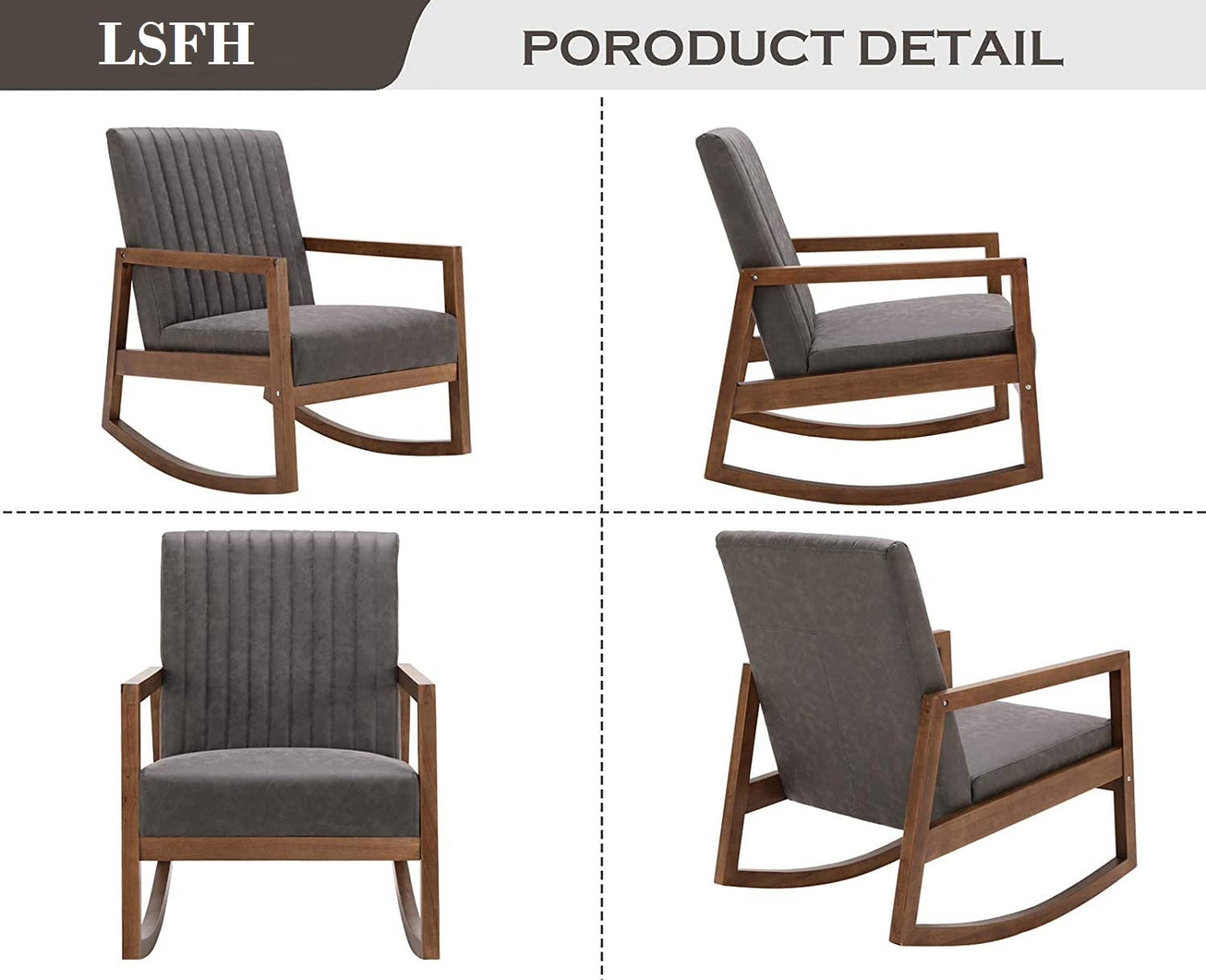 LSFH Unique Design Rocking Chair Leatherette Accent Chair Armchair with Solid Sagwan Wooden Frame Single Sofa Chair for Small Apartments, Living Room or Bedroom (Set of 2 Chair, Grey)