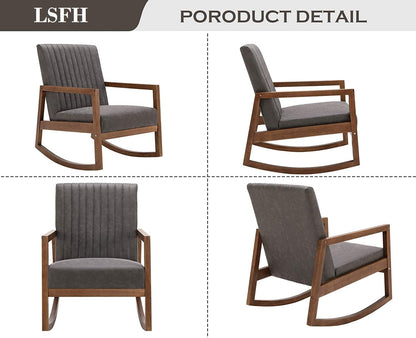 LSFH Unique Design Rocking Chair Leatherette Accent Chair Armchair with Solid Sagwan Wooden Frame Single Sofa Chair for Small Apartments, Living Room or Bedroom (1 Chair, Grey)