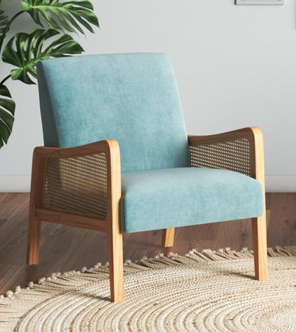 LSFH Unique Design Fabric Upholstered Rattan Cane Accent Chair, Armchair with Solid Sagwan Wooden Frame Single Sofa Chair for Small Apartments, Living Room or Bedroom (1 Chair, Sky Blue)