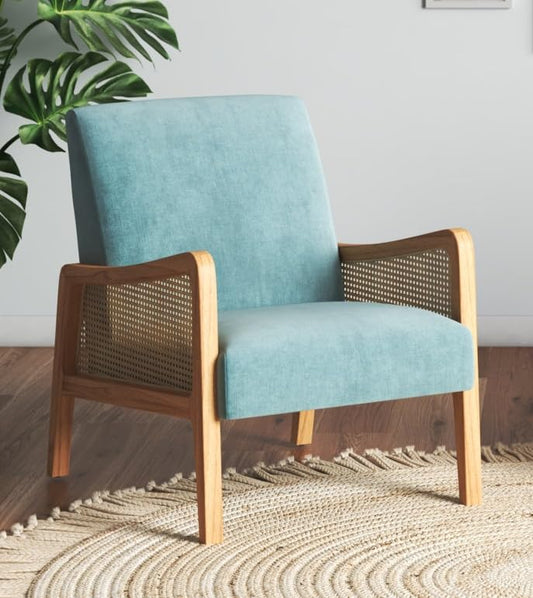 LSFH Unique Design Fabric Upholstered Rattan Cane Accent Chair, Armchair with Solid Sagwan Wooden Frame Single Sofa Chair for Small Apartments, Living Room or Bedroom (1 Chair, Sky Blue)