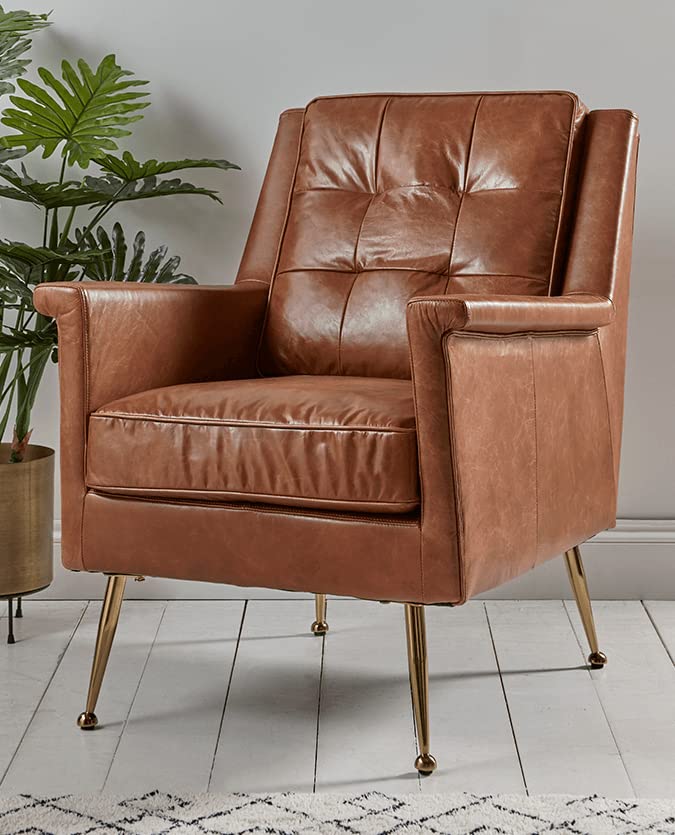 LSFH Unique Design True Innovations Buttoned Leatherette Accent Chair Armchair with Gold Stainless Steel Legs Single Sofa Chair for Small Apartments, Living Room or Bedroom (Set of 2 Chairs, Brown)