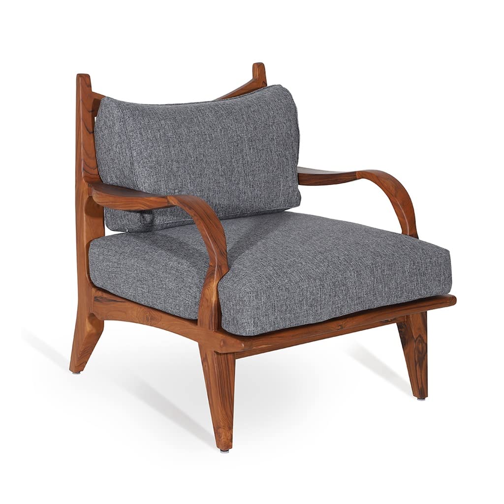 LSFH Unique Design Araax Organic Shape Fabric Accent Chair Armchair with Solid Sagwan Wooden Frame Single Sofa Chair for Small Apartments, Living Room or Bedroom (Set of 2 Chairs, Grey)