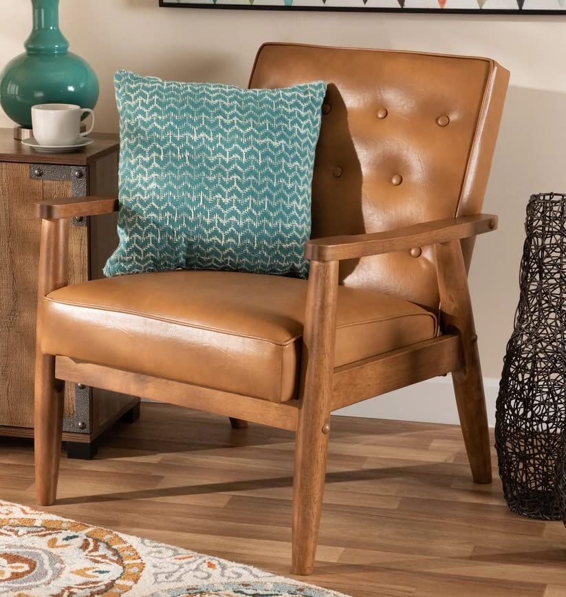 LSFH Unique Design True Innovations Sorrento Button-Tufted Accent Armchair with Solid Teak Wood Frame, Set of 2, Brown