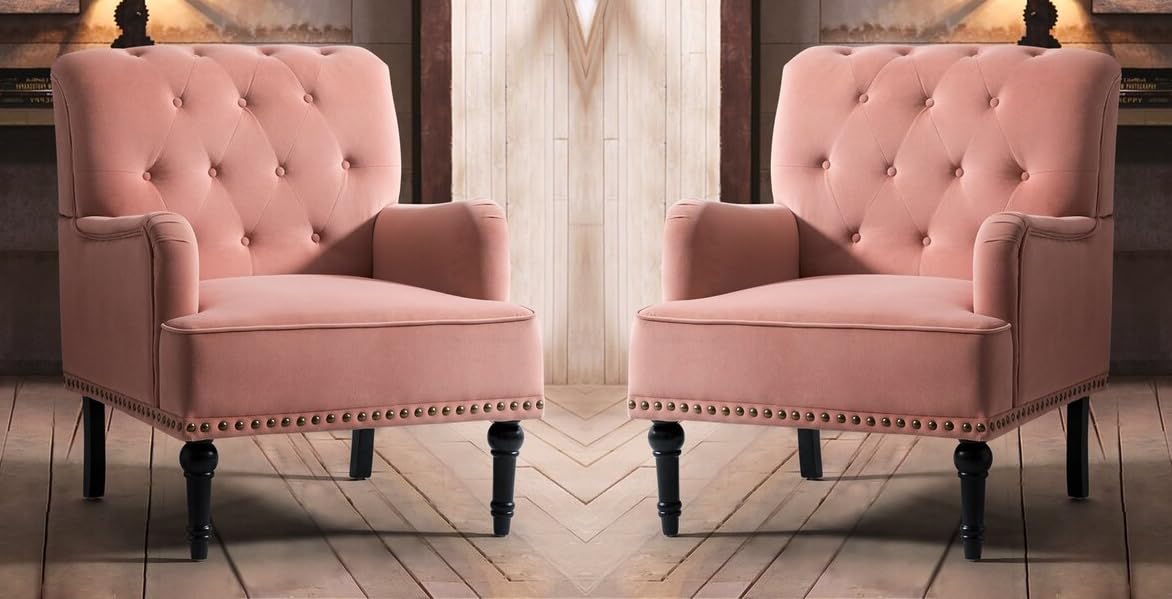 LSFH Unique Design True Innovations Jakuz Accent Chair, Armchair with Solid Sagwan Wooden Frame Single Sofa Chair for Small Apartments, Living Room or Bedroom (Set of 2 Chairs, Pink)