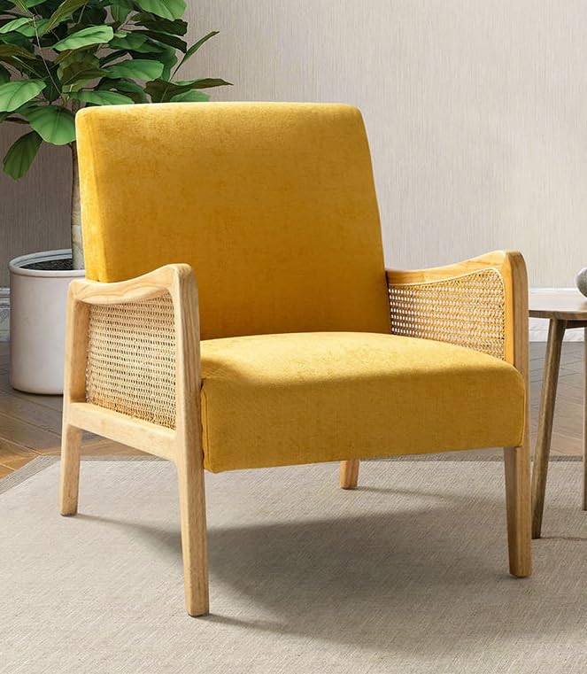 LSFH Unique Design Fabric Upholstered Rattan Cane Accent Chair, Armchair with Solid Sagwan Wooden Frame Single Sofa Chair for Small Apartments, Living Room or Bedroom (Set of 2 Chairs, Yellow)