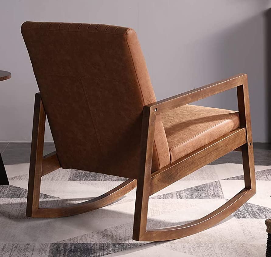 LSFH Unique Design Rocking Chair Leatherette Accent Chair Armchair with Solid Sagwan Wooden Frame Single Sofa Chair for Small Apartments, Living Room or Bedroom (1 Chair, Brown)