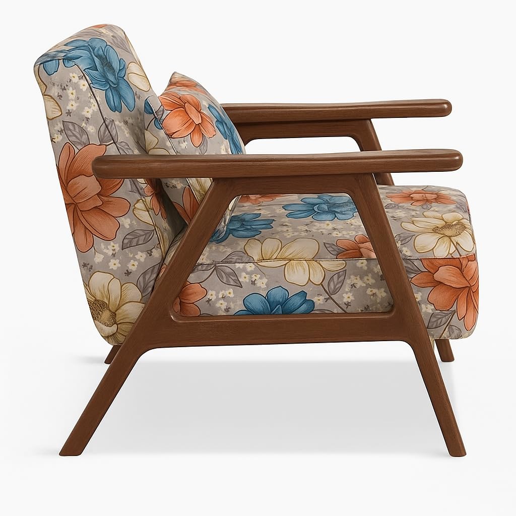 LSFH Unique Design Grcia Hendricks Accent Chair Armchair with Solid Sagwan Wooden Frame Single Sofa Chair for Small Apartments, Living Room or Bedroom (1 Chair, Flower Printed)