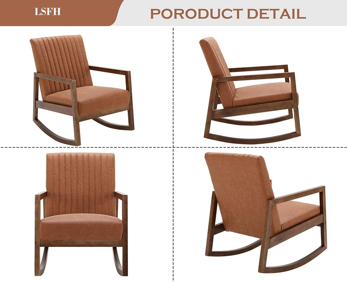 LSFH Unique Design Rocking Chair Leatherette Accent Chair Armchair with Solid Sagwan Wooden Frame Single Sofa Chair for Small Apartments, Living Room or Bedroom (Set of 2 Chair, Brown)