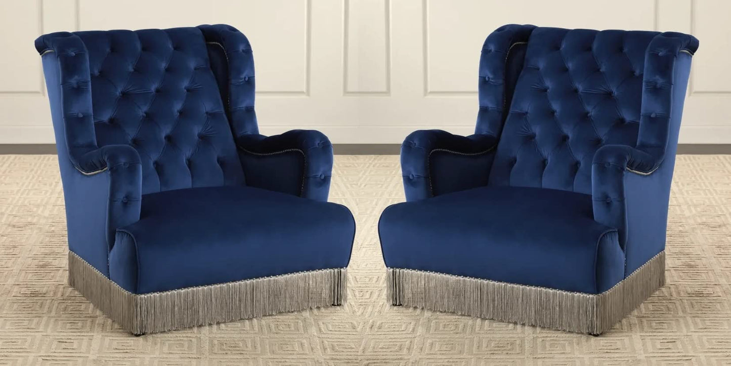 LSFH Unique Design True Innovations Fringed Wing Accent Chair with Fringe Trim and Tufted Back Armchair Single Sofa Chair for Small Apartments, Living Room or Bedroom (Set of 2 Chairs, Blue)