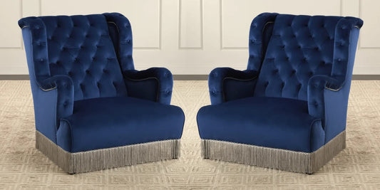 LSFH Unique Design True Innovations Fringed Wing Accent Chair with Fringe Trim and Tufted Back Armchair Single Sofa Chair for Small Apartments, Living Room or Bedroom (Set of 2 Chairs, Blue)