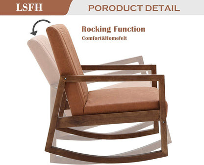 LSFH Unique Design Rocking Chair Leatherette Accent Chair Armchair with Solid Sagwan Wooden Frame Single Sofa Chair for Small Apartments, Living Room or Bedroom (Set of 2 Chair, Brown)