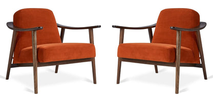 LSFH Unique Design Balticz Accent Chair Armchair with Solid Sagwan Wooden Frame Single Sofa Chair for Small Apartments, Living Room or Bedroom (Walnut Finish, Dark Orange Set of 2 Chairs)
