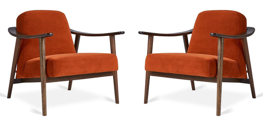 LSFH Unique Design Balticz Accent Chair Armchair with Solid Sagwan Wooden Frame Single Sofa Chair for Small Apartments, Living Room or Bedroom (Walnut Finish, Dark Orange Set of 2 Chairs)
