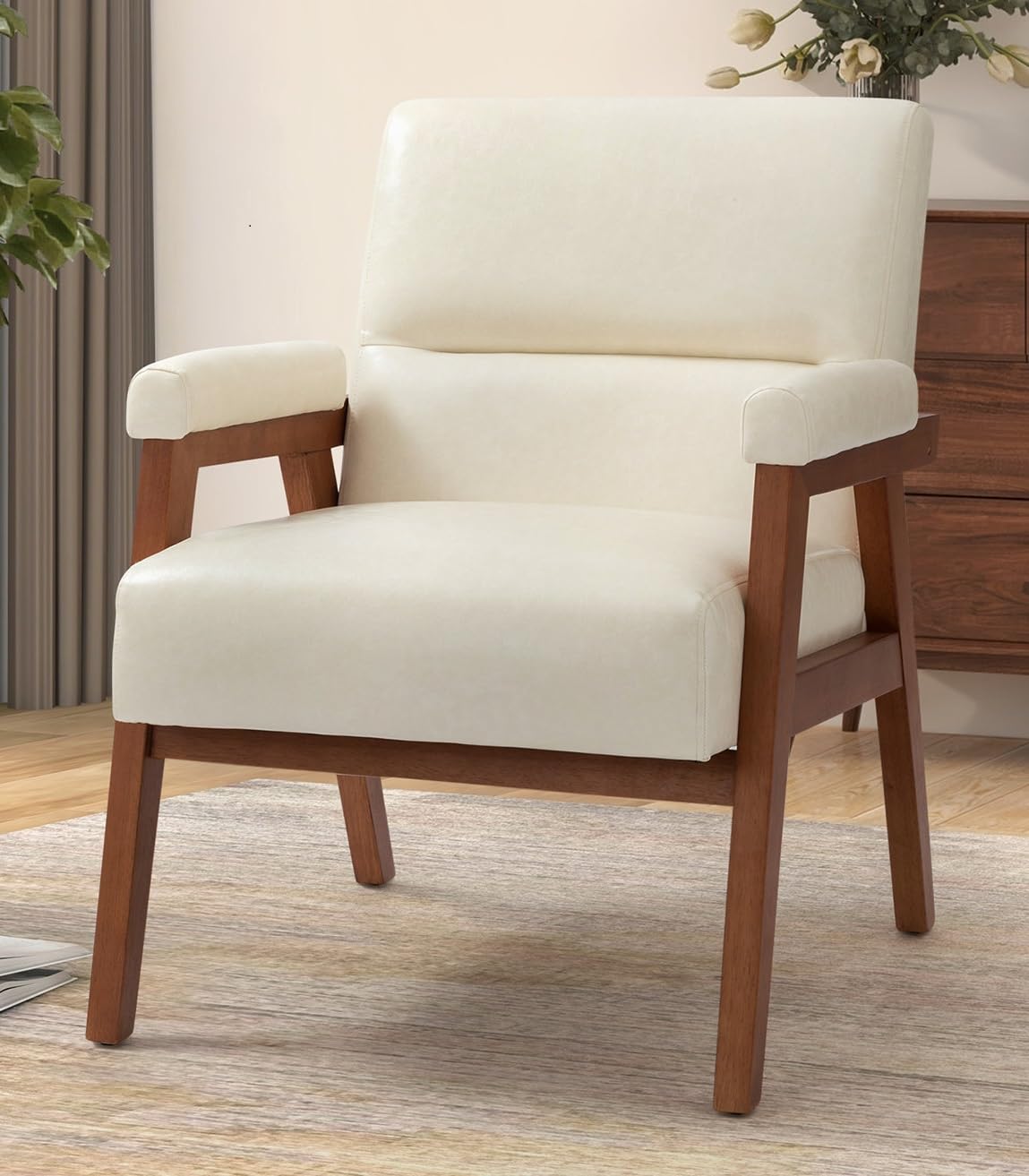 LSFH Unique Design True Innovations Mackenne Accent Chair, Ottoman Armchair with Solid Sagwan Wooden Frame Single Sofa Chair for Small Apartments, Living Room or Bedroom (1 Chair, Cream White)