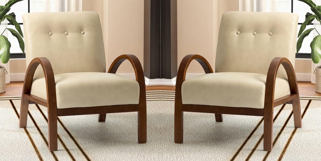 LSFH Unique Design True Innovations Vegaz Accent Chair, Ottoman Armchair with Solid Sagwan Wooden Frame Single Sofa Chair for Small Apartments, Living Room or Bedroom (Set of 2 Chairs, Beige)