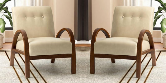 LSFH Unique Design True Innovations Vegaz Accent Chair, Ottoman Armchair with Solid Sagwan Wooden Frame Single Sofa Chair for Small Apartments, Living Room or Bedroom (Set of 2 Chairs, Beige)