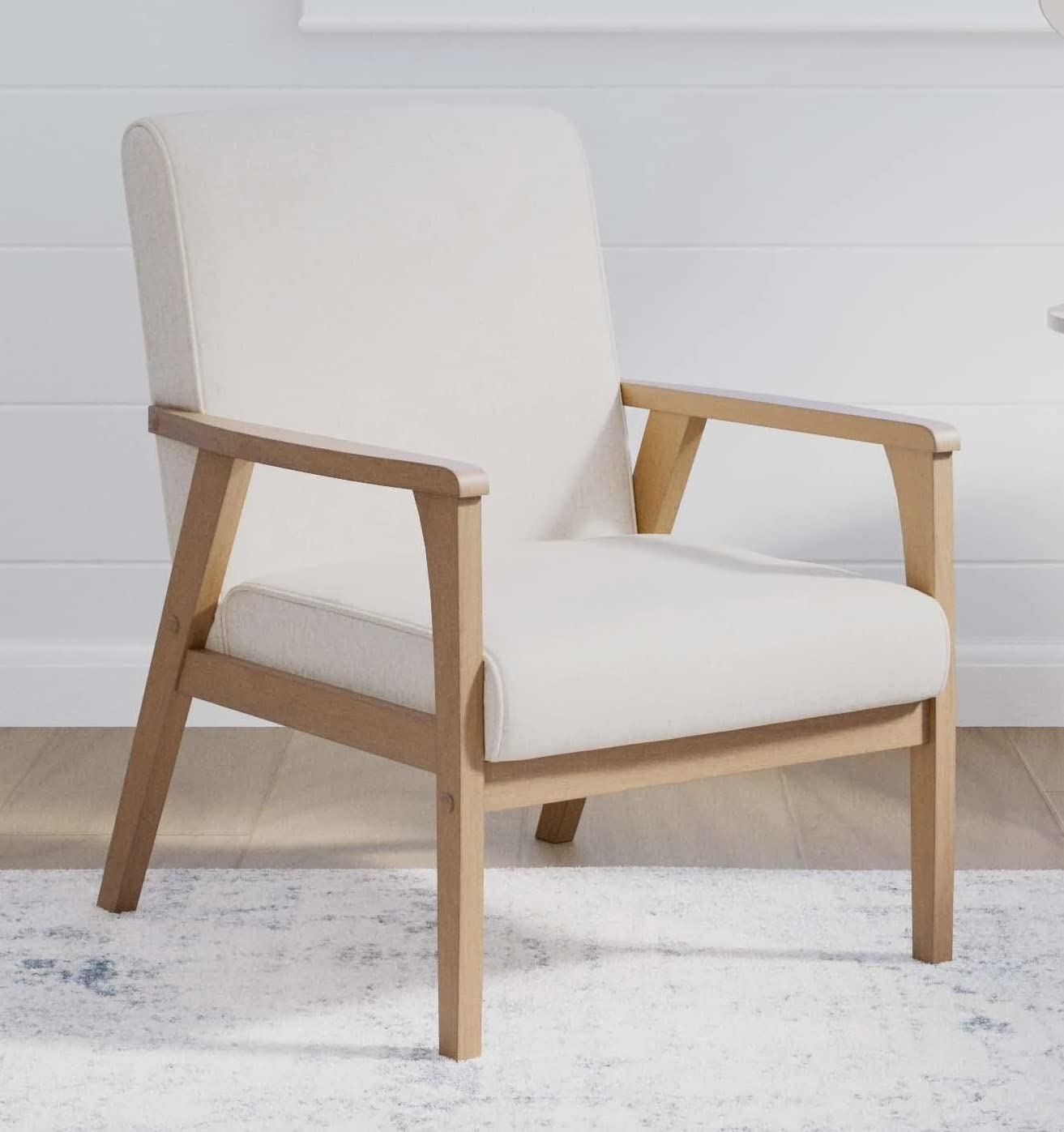 LSFH Unique Design True Innovations Brookside Fabric Accent Chair Armchair with Solid Sagwan Wooden Frame Single Sofa Chair for Small Apartments, Living Room or Bedroom (1 Chair, Cream)
