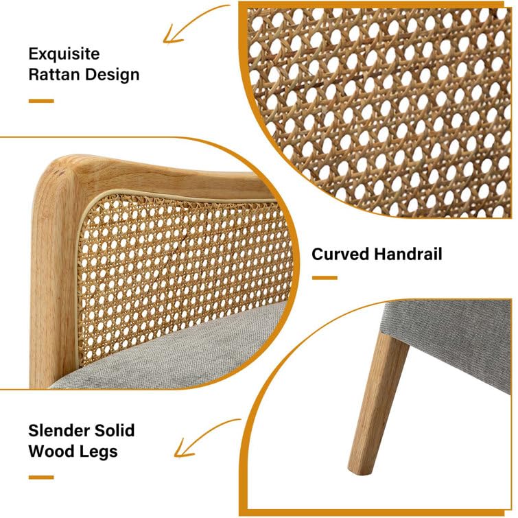 LSFH Unique Design Fabric Upholstered Rattan Cane Accent Chair, Armchair with Solid Sagwan Wooden Frame Single Sofa Chair for Small Apartments, Living Room or Bedroom (1 Chair, Grey)