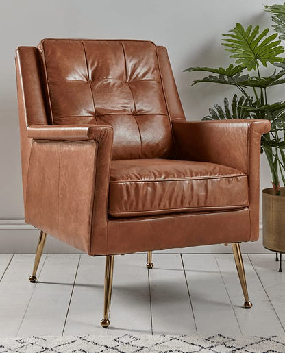 LSFH Unique Design True Innovations Buttoned Leatherette Accent Chair Armchair with Gold Stainless Steel Legs Single Sofa Chair for Small Apartments, Living Room or Bedroom (Set of 2 Chairs, Brown)