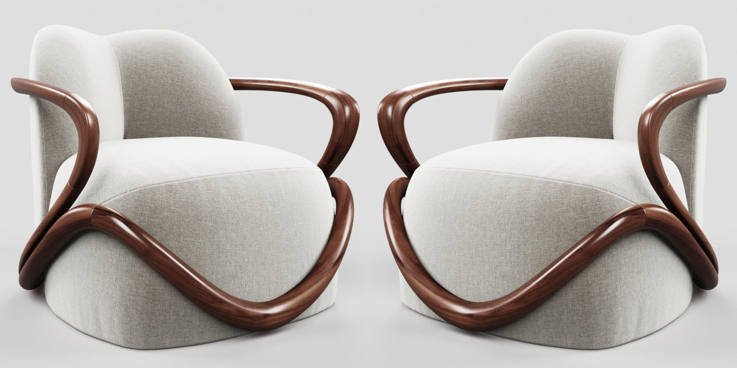 LSFH Unique Design Fabric Upholstered Huge Accent Chair, Armchair with Solid Sagwan Wooden Frame Single Sofa Chair for Small Apartments, Living Room or Bedroom (Set of 2 Chairs, Off White)
