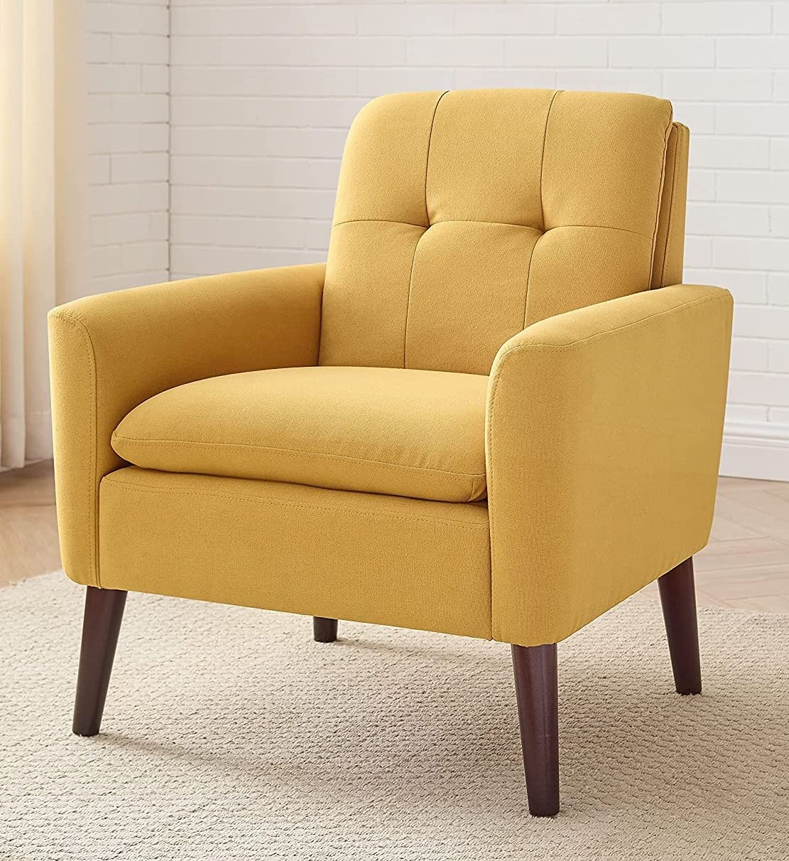 LSFH Unique Design True Innovations Button Tufted Fabric Accent Chair Armchair with Solid Sagwan Wooden Frame Single Sofa Chair for Small Apartments, Living Room or Bedroom (1 Chair, Yellow)
